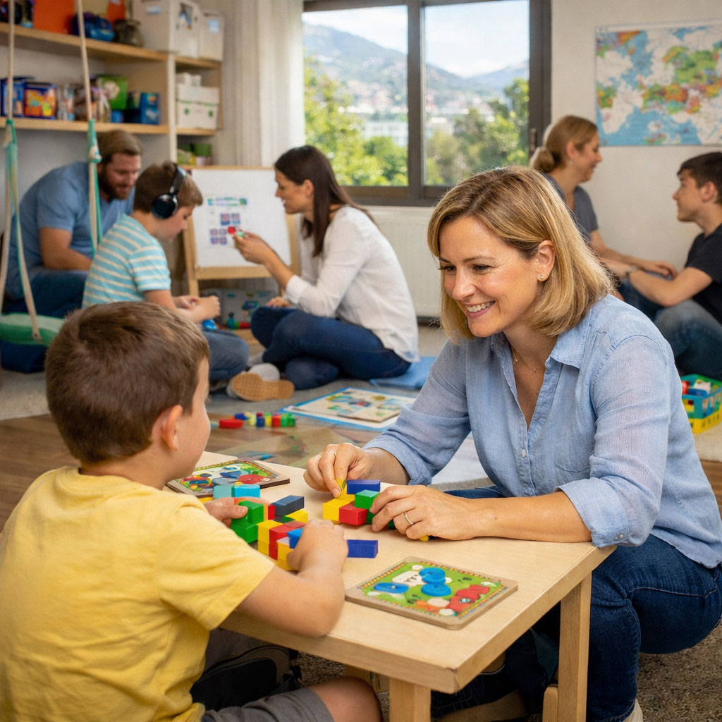 Séance d’accompagnement éducatif individualisé auprès d’enfants avec troubles du spectre de l’autisme (TSA), menée par des professionnels dans un établissement médico-social de l’Association Autisme Apprendre Autrement – 3A, dans les Alpes-Maritimes.