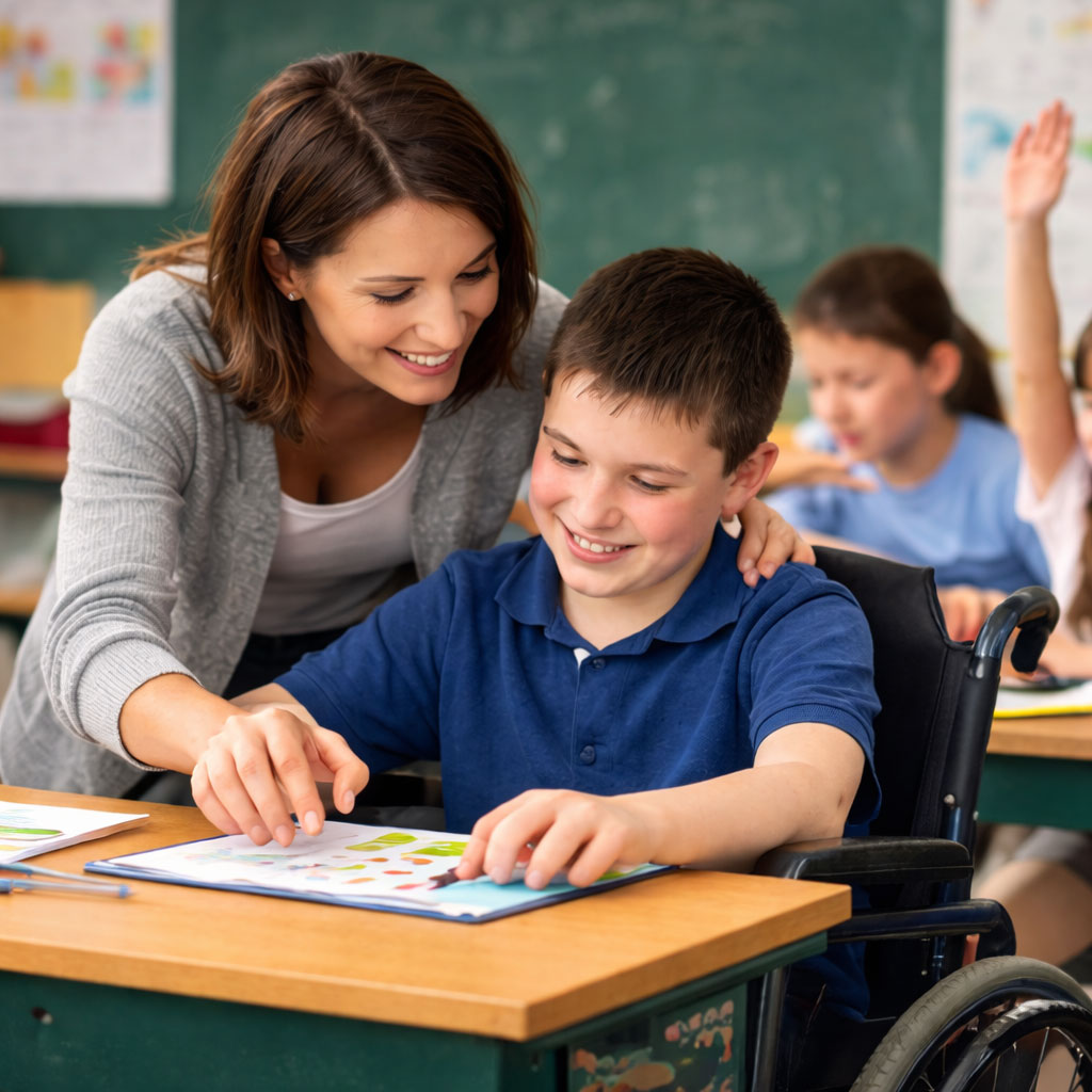 Accompagnement éducatif individualisé d’un enfant avec autisme en milieu scolaire, reflétant l’engagement de l’Association 3A pour l’éducation, l’inclusion et le respect du rythme de chaque personne.