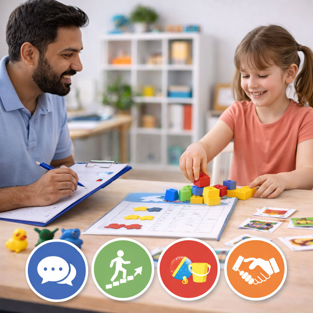 Accompagnement fondé sur l’Analyse Appliquée du Comportement (ABA), mettant en avant le développement de la communication fonctionnelle, de l’autonomie, des loisirs et des compétences sociales chez une personne avec Troubles du Spectre de l’Autisme.