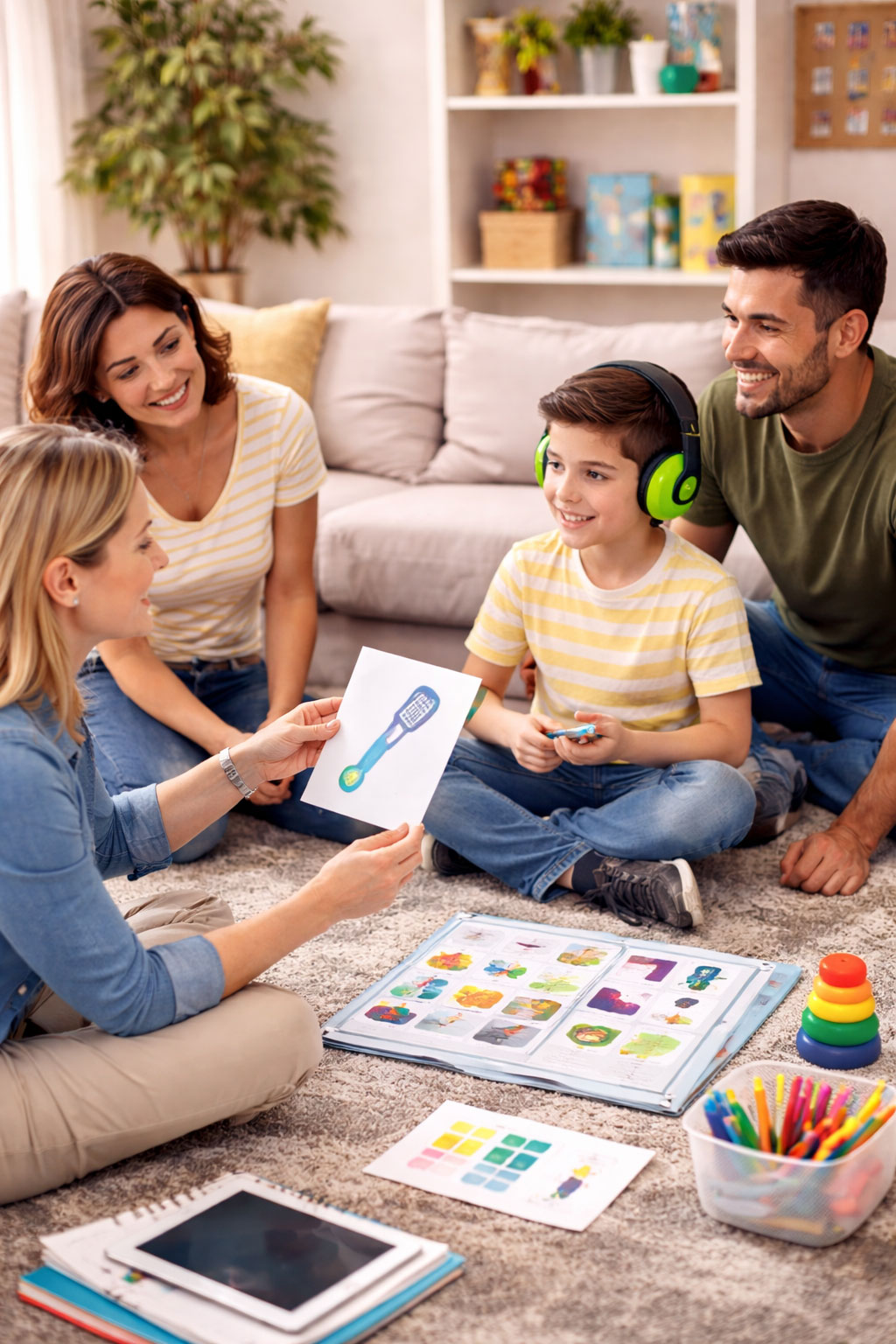 Intervention à domicile menée par une professionnelle auprès d’un enfant avec autisme et de sa famille, illustrant l’accompagnement précoce, le soutien aux parents et la coordination des pratiques éducatives.