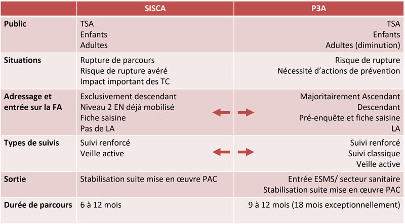 Tableau pour le SISCA et la Plateforme Autisme 3A (P3A) présentant les publics accompagnés, les situations, l’adressage, les types de suivi et la durée des parcours pour les personnes avec TSA dans les Alpes-Maritimes.