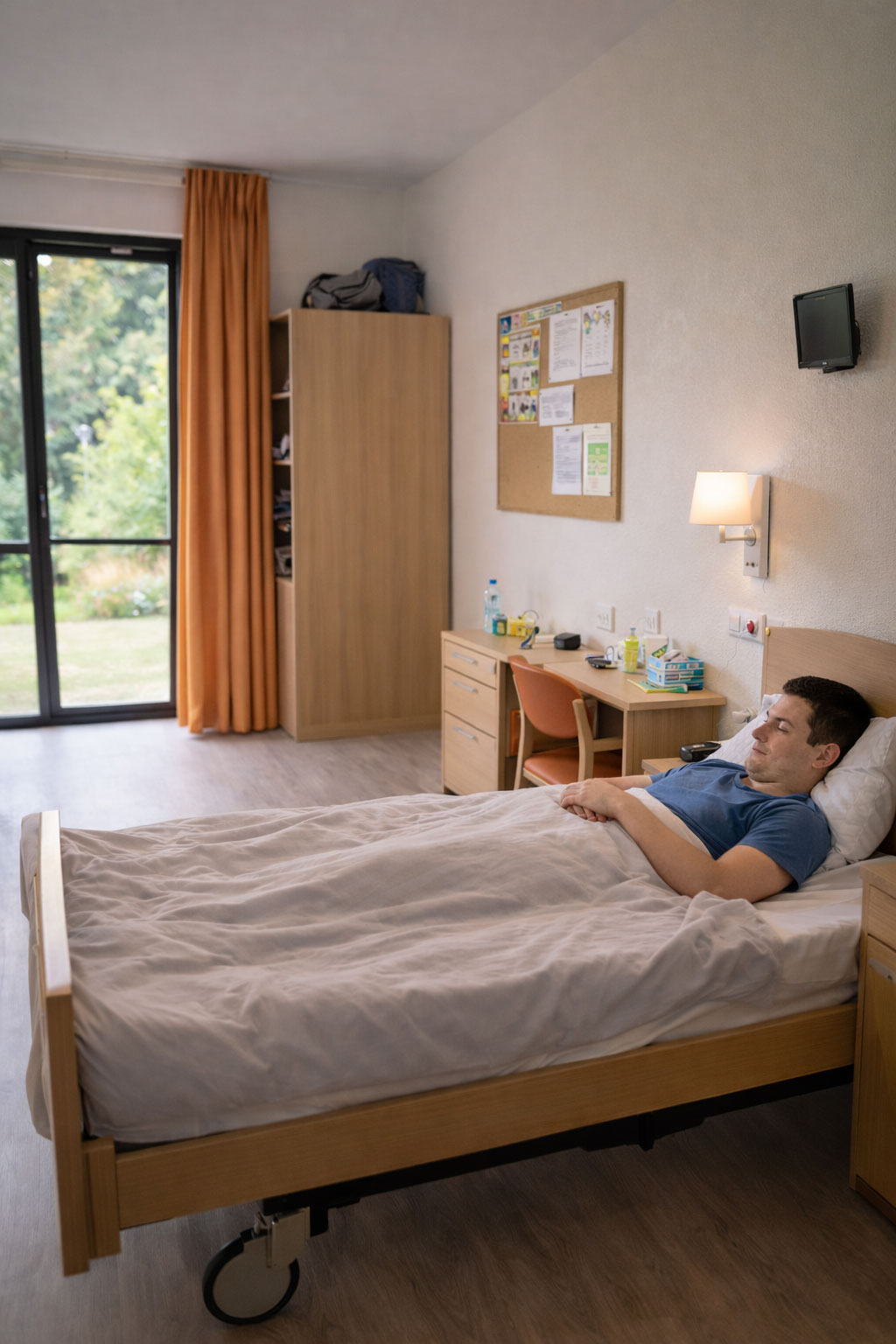 Chambre d’internat au Foyer d’Accueil Médicalisé L’Oiseau Lyre à Levens, offrant un cadre d’hébergement sécurisé et adapté pour adultes avec troubles du spectre de l’autisme dans les Alpes-Maritimes.