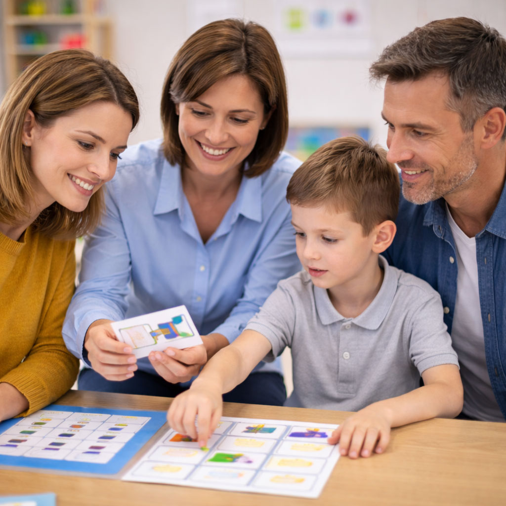 Séance de formation et d’accompagnement réunissant des parents, leur enfant avec autisme et une professionnelle spécialisée, illustrant l’engagement de l’Association Autisme Apprendre Autrement pour le soutien aux familles, le partage des compétences et la continuité des pratiques éducatives.
