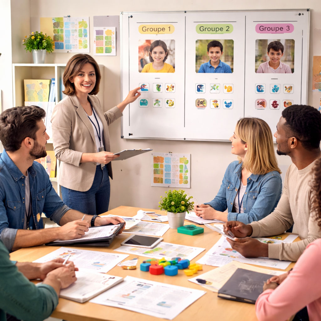 Réunion pluridisciplinaire de professionnels organisant les accompagnements personnalisés d’usagers avec TSA et TND, illustrant l’organisation des groupes, la coordination des équipes et l’adaptation des parcours au sein des services SEES et IME-Renforcé de l’Association 3A.