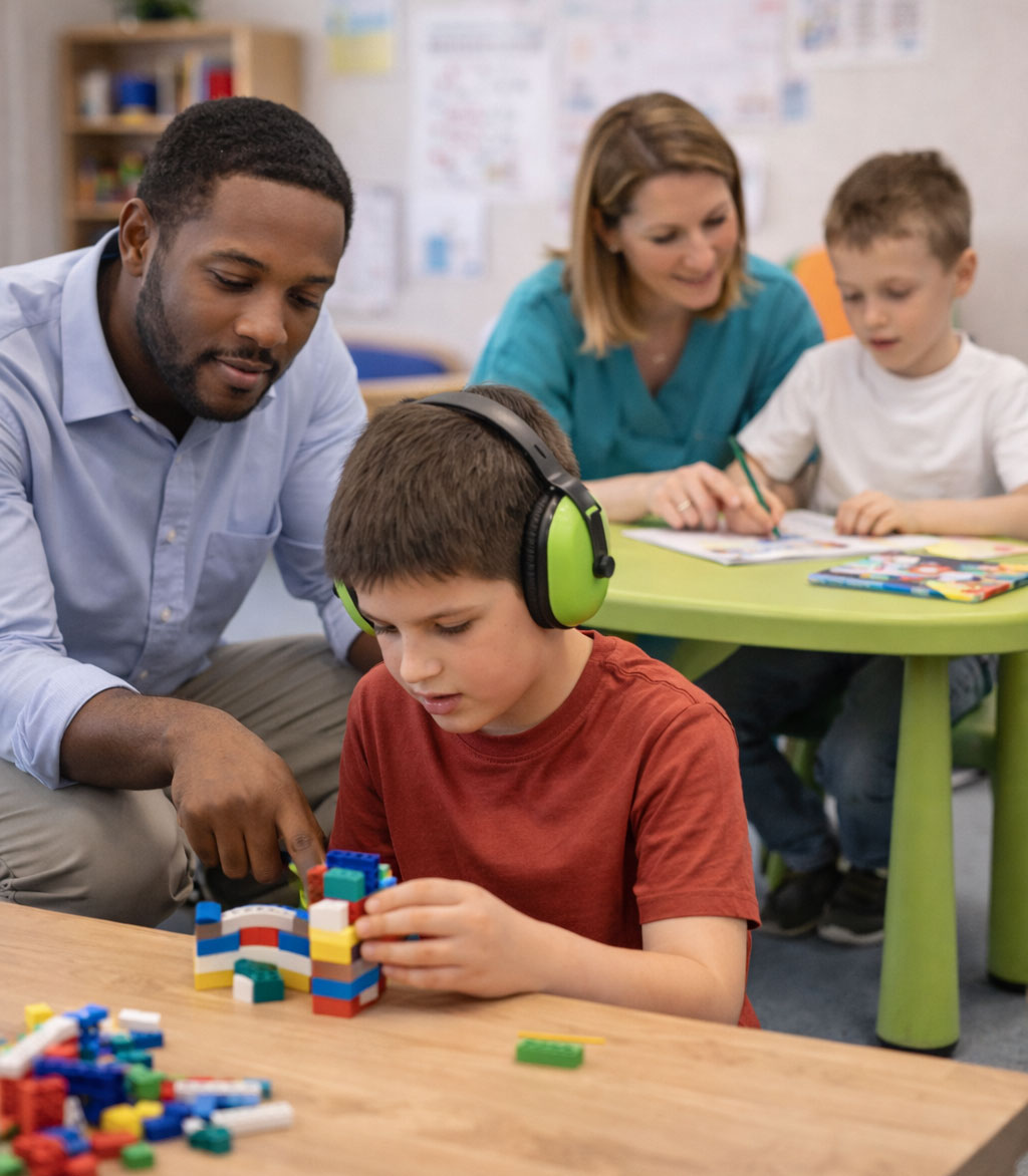 Professionnels spécialisés accompagnant de jeunes personnes avec autisme dans un cadre éducatif sécurisant et bienveillant, illustrant l’engagement de l’Association 3A pour la prévention des risques, la qualité des pratiques et la protection des personnes accompagnées.