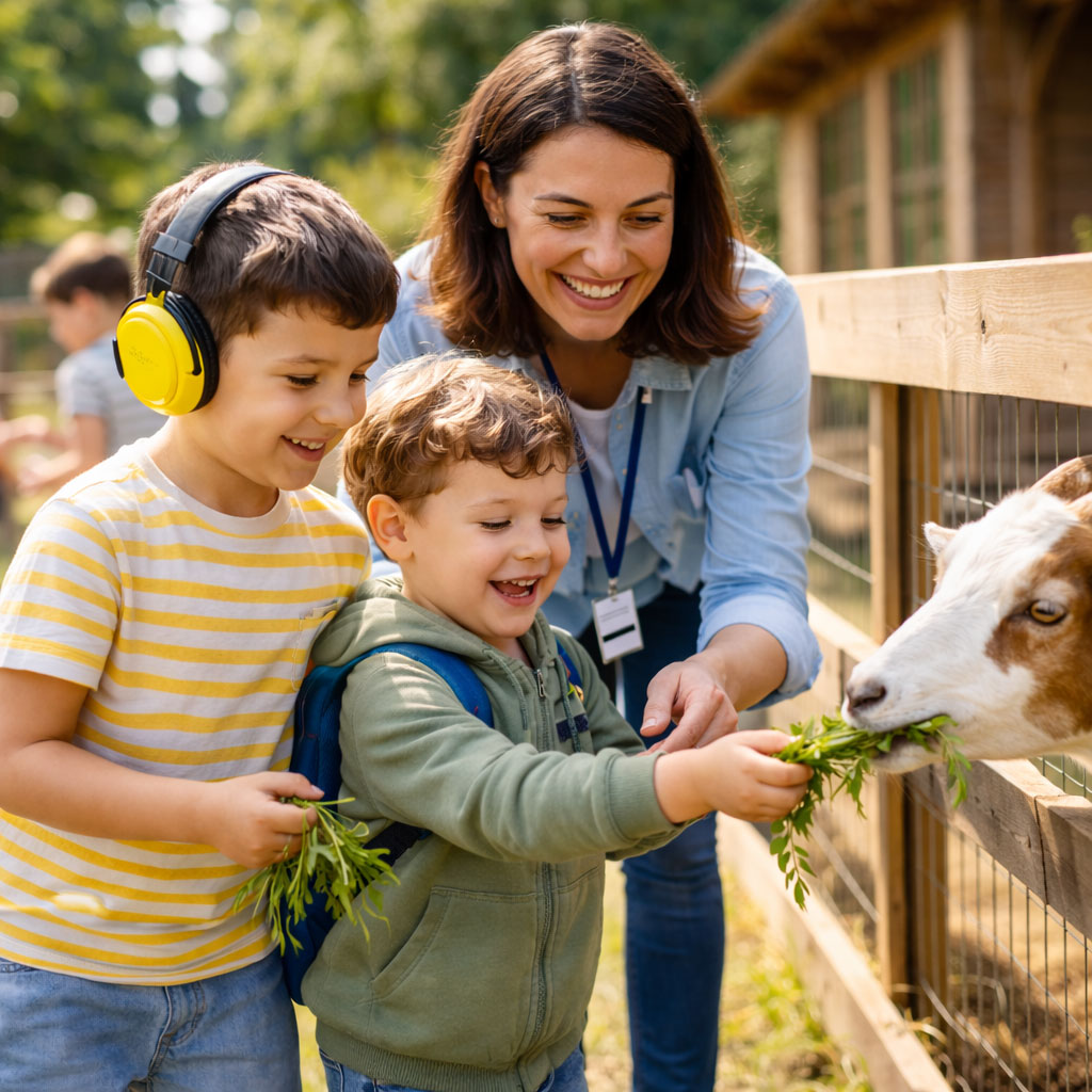 Photo illustrant une sortie à la ferme proposée par le SESSAD de l’Association 3A auprès d’un adolescent présentant un trouble du spectre de l’autisme, favorisant l’autonomie, la communication et les apprentissages dans un environnement adapté.