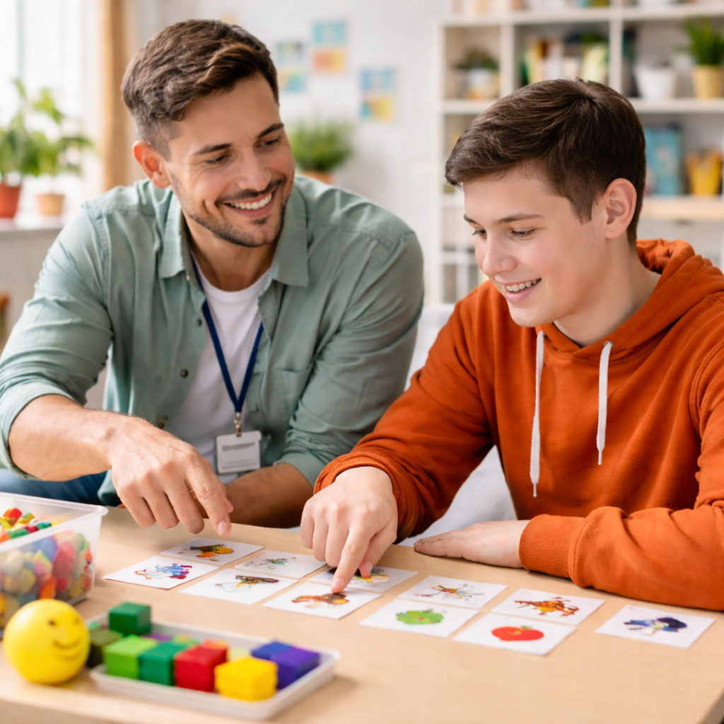 Photo illustrant un accompagnement éducatif individualisé proposé par le SESSAD de l’Association 3A, montrant un professionnel soutenant un enfant présentant un trouble du spectre de l’autisme dans des activités favorisant les apprentissages, la communication et l’autonomie.