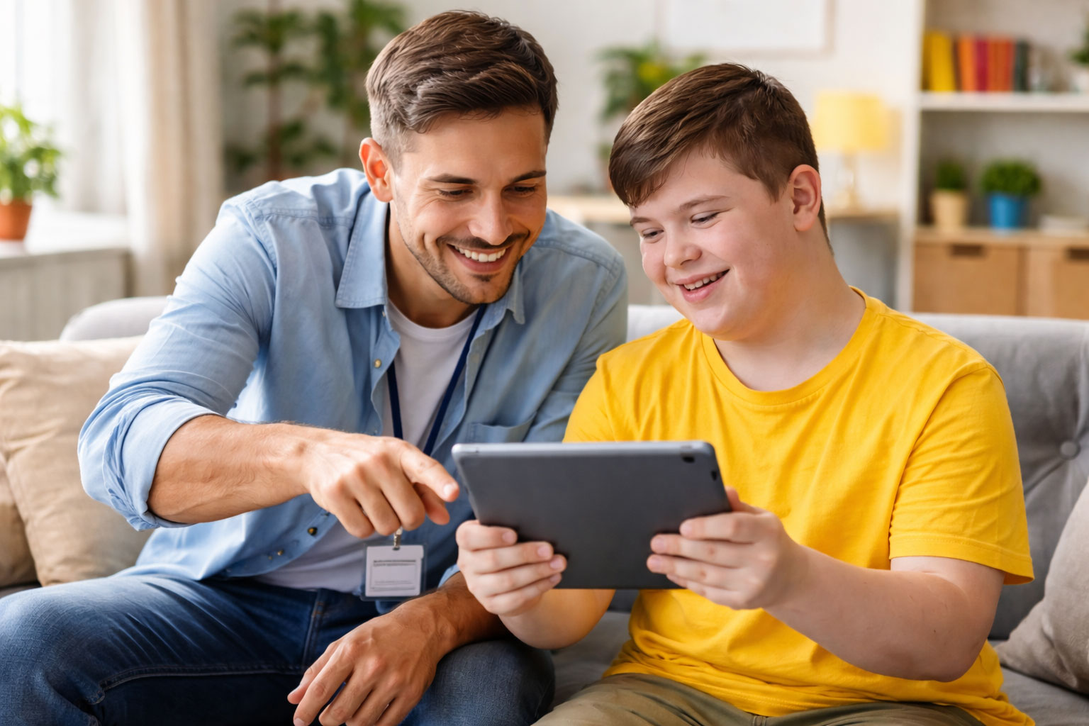 Accompagnement éducatif individualisé proposé par le SESSAD de l’Association 3A, montrant un professionnel soutenant un adolescent avec TDN dans l’utilisation d’outils numériques pour favoriser l’autonomie et les apprentissages.