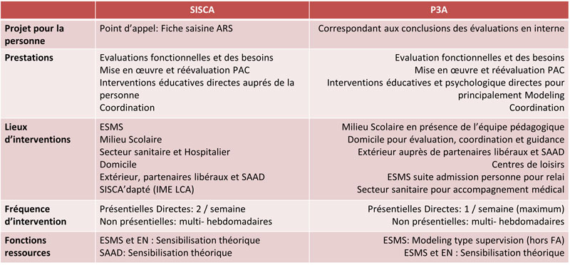 Tableau de fonctionnement du SISCA et de la Plateforme 3A (P3A) présentant le projet pour la personne, les prestations, les lieux d’intervention, la fréquence et les fonctions ressources pour les personnes avec TSA dans les Alpes-Maritimes.