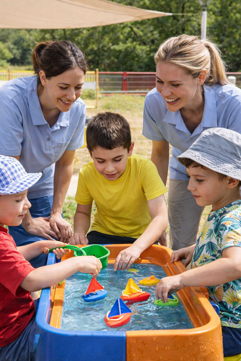 Équipe éducative encadrant des enfants lors d’activités de loisirs et d’apprentissage en groupe, dans un environnement structuré et adapté pendant les vacances scolaires (SISC’Adaptées, Carros, Alpes-Maritimes).