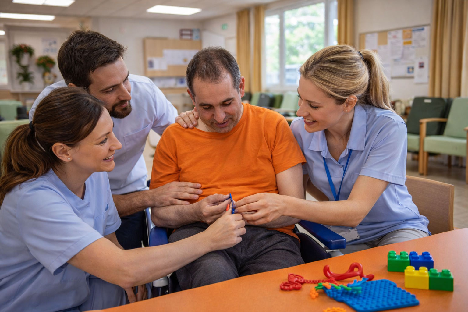 Équipe médico-sociale accompagnant un adulte avec trouble du spectre de l’autisme (TSA) lors d’un temps d’intervention et de coordination dans un Foyer d’Accueil Médicalisé des Alpes-Maritimes.