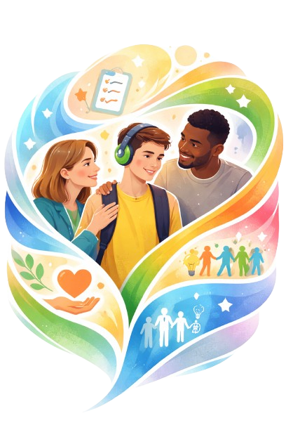 Illustration symbolique représentant l’engagement de l’Association Autisme Apprendre Autrement en faveur de l’autonomie, de l’inclusion et de la qualité de vie des personnes avec TSA et TND, dans une approche éthique, humaine et respectueuse des parcours de chacun.