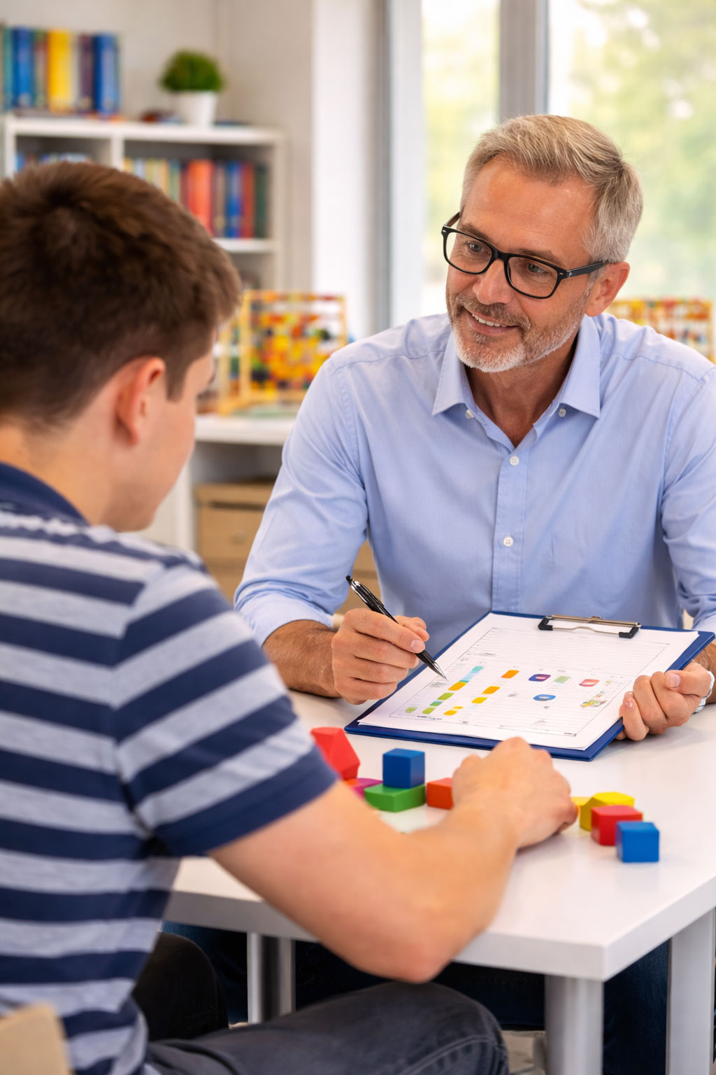 Expert réalisant une évaluation avec un jeune adulte présentant un trouble du neurodéveloppement, lors d’un entretien en centre spécialisé de l’association 3A