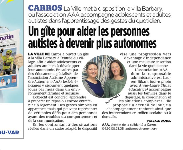 Article de Nice Matin 11/14/26 présentant l'action du SESSAD : autonomie / gîte